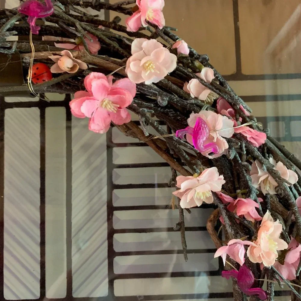Cheery Grapevine Wreath with Pink Cherry Blossoms and Flamingo Lights